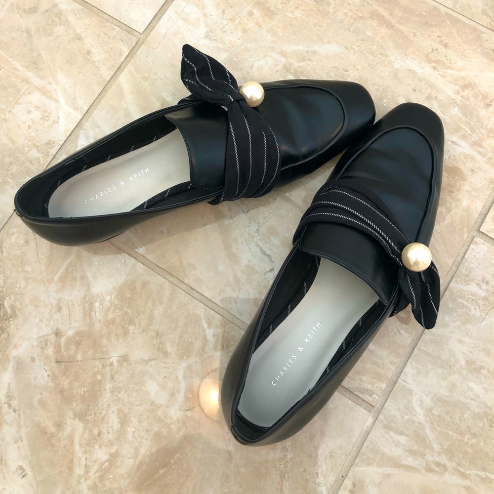 Charles & Keith Black Flats with Pearl Accent